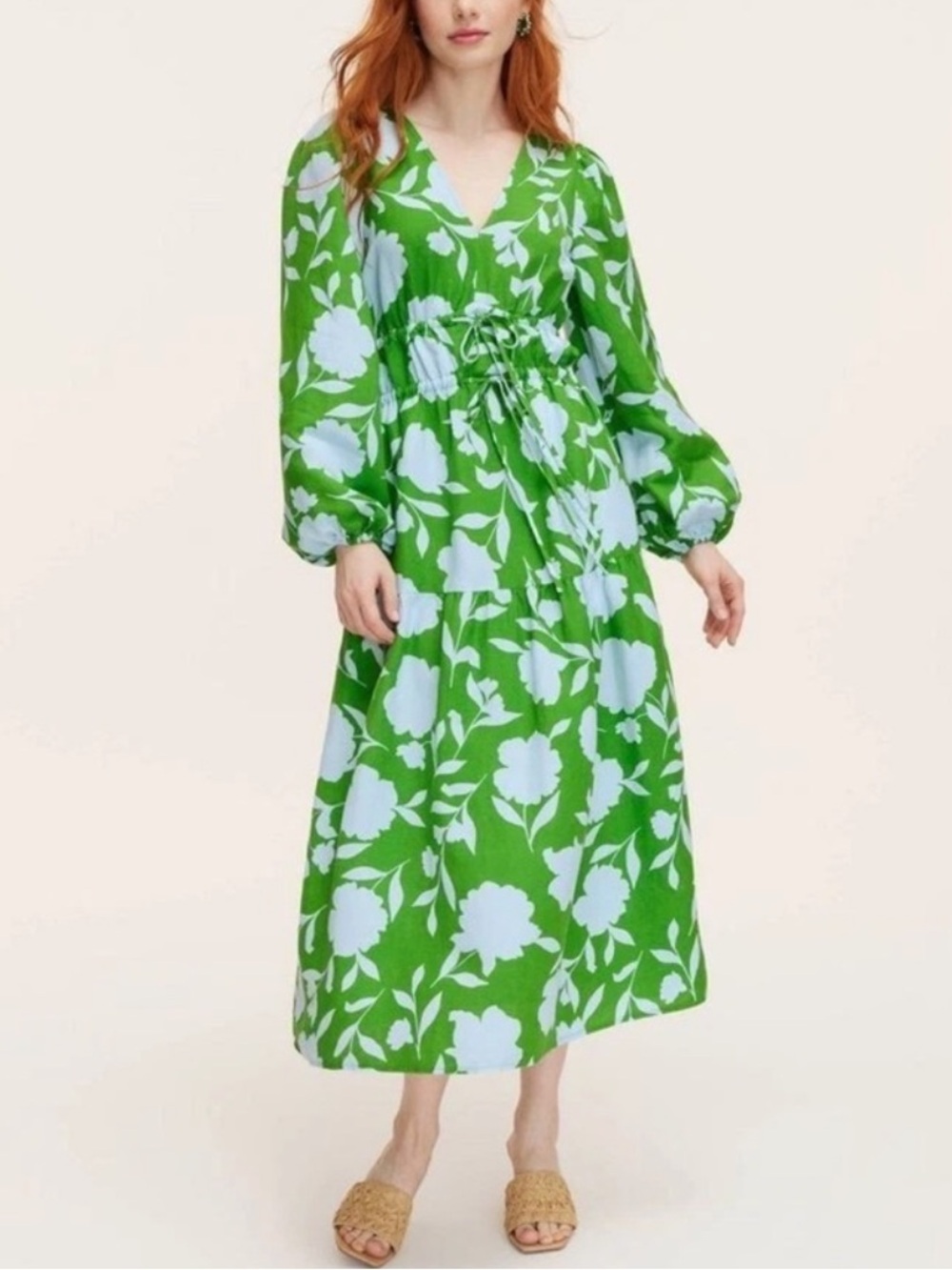 Kate spade X target nwt linen maxi blue green double tie front long sleeve dress - Picture 7 of 9